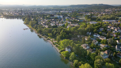 Fototapeta premium Panoramic top view across the Bodensee Radolfszell village area
