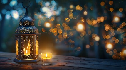 Ornate Lantern and Candle on Wooden Table with Warm Bokeh