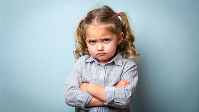 Frustrated child crosses arms, furrows brow, and pouts with lips pursed, conveying discontent and dissatisfaction in a relatable, exaggerated display of whiny behavior.