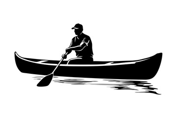 Silhouette of a canoe, Man in canoe boat black vector silhouette on a isolated white background, vector illustration 