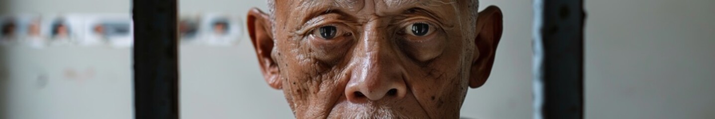 Naklejka premium Elderly Male Inmate with Hopeful Expression in Cell, Family on Wall, Light Grey Plain Background, Confinement and Hope, Morning or Afternoon Light