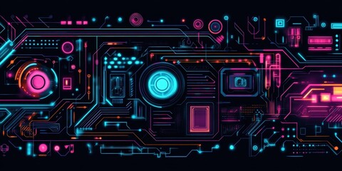 Obraz premium Futuristic sci-fi circuits glowing with neon colors at night