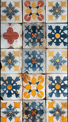 Set of colorful, aged ceramic tiles with traditional floral and geometric patterns in blue, yellow, and red tones, arranged in a grid, showcasing a rustic and vintage charm.