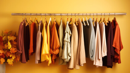 generated illustration many autumn and winter clothes hanging in row on rack