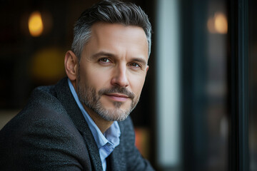 happy, portrait of a businessman in his 40s, looking at the camera, random clothes. modern style