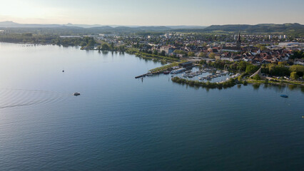 Panoramic top view across the Bodensee Radolfszell village area