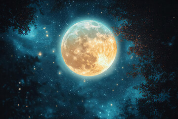Fototapeta premium An enchanted starry night with a large glowing full moon