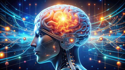 Futuristic 3D illustration of a robotic human brain evolving into a cybernetic entity, symbolizing the merge of technology and human evolution in a sci-fi world.