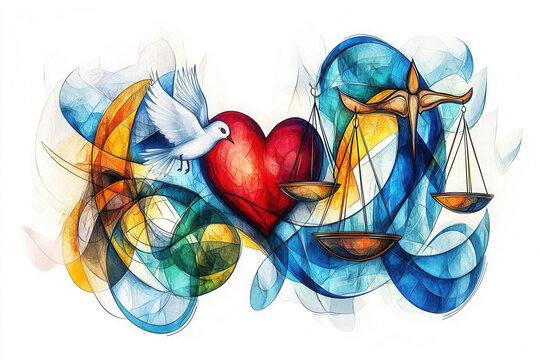 An abstract depiction of human rights symbols like scales of justice