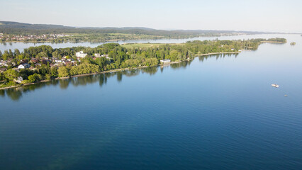 Panoramic top view across the Bodensee Radolfszell village area