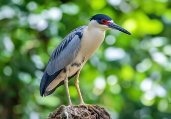 Fototapeta premium Australian black-crowned night heron stands on the edge of a tree trunk