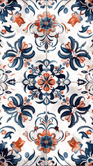 Fototapeta premium Symmetrical floral pattern in navy blue, orange, and white tones, featuring intricate swirling designs, creating a traditional and decorative motif suitable for tile or textile.