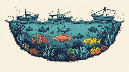 Naklejka premium Sustainable fishing guidelines flat design from top view, ocean conservation cartoon, drawing triadic color scheme