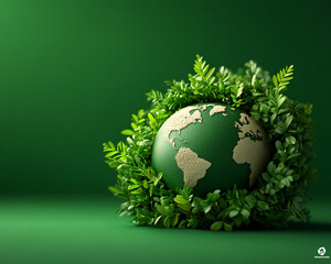 A green globe is surrounded by green leaves. Concept of the Earth being protected by nature