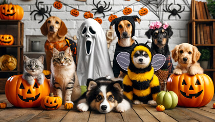 A group of dogs and cats dressed in Halloween costumes are posing for a picture. Scene is festive and playful, as the animals are dressed up in costumes and surrounded by pumpkins