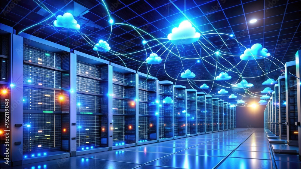 Poster futuristic network of data visualization with glowing servers, wires, and nodes illustrating cloud s
