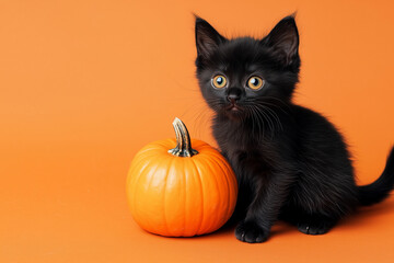 Black Kitten Sitting Beside Small Orange Pumpkin on Halloween-Themed Background