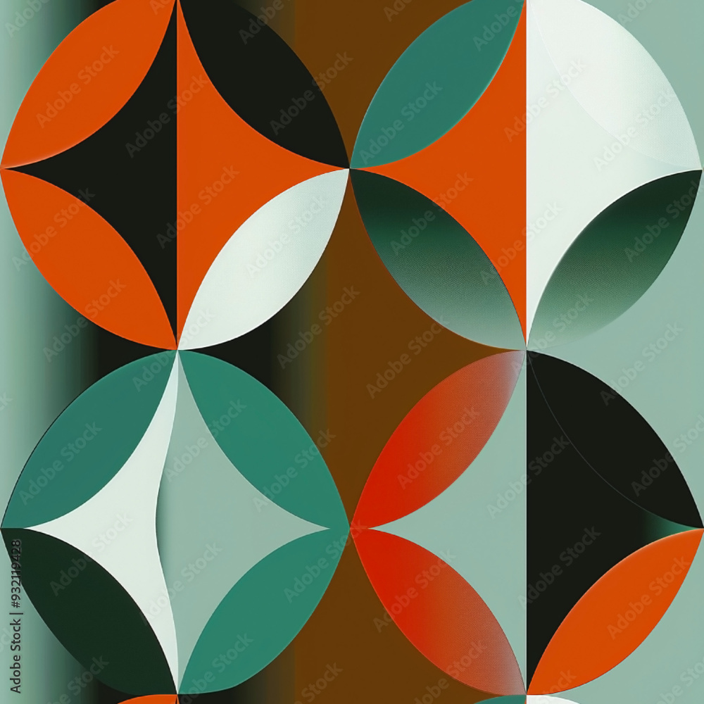 Poster modern abstract design with bold geometric shapes in a vibrant color palette, featuring circles and 