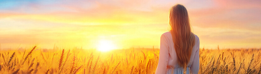 Fototapeta premium A woman stands in a field of tall grass, looking out at the sun as it sets. The scene is serene and peaceful, with the woman's long hair blowing in the wind