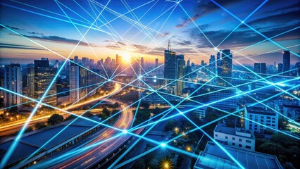 Geometric blue lines crisscross over a blurred cityscape at sunset, creating a stylized and abstract urban landscape with a sense of movement and energy.