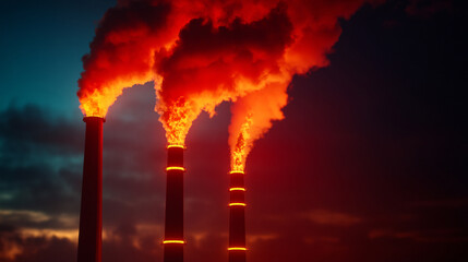Obraz premium Three tall smokestacks with orange flames coming out of them. The sky is dark and cloudy