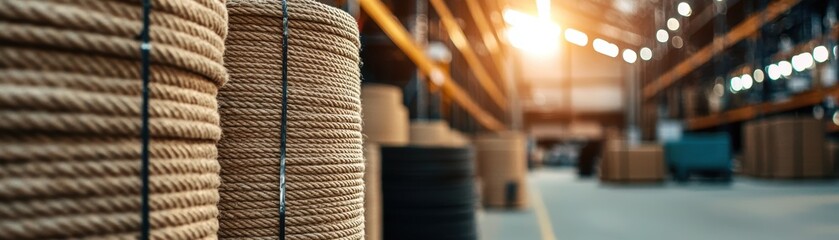 Obraz premium Large spools of rope stacked in a warehouse with an industrial background. The image captures an organized storage facility with various materials and equipment.