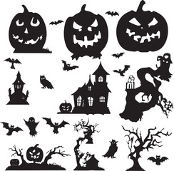 Obraz premium Collection of Halloween silhouettes. Haunted house, creepy tree, flying witch, pumpkins, halloween ghost, owl, coffin lid