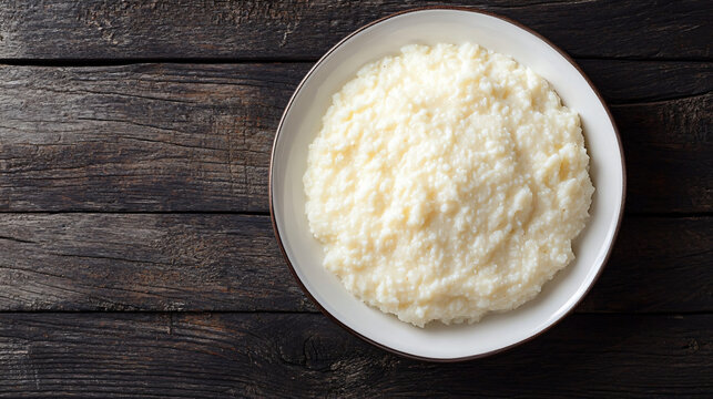 Directly above shot of creamy grits in a bowl on a rustic wooden table