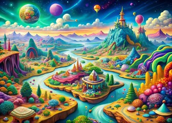 A kaleidoscope of colors sprawls across the sky, as crinkled maps unfold like fragmented memories, and cartoon creatures frolic amidst swirling clouds of iridescent mist.