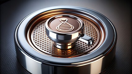 Glossy metallic portafilter icon with a circular design and intricate details, symbolizing high-quality coffee and precision brewing on a modern espresso machine.