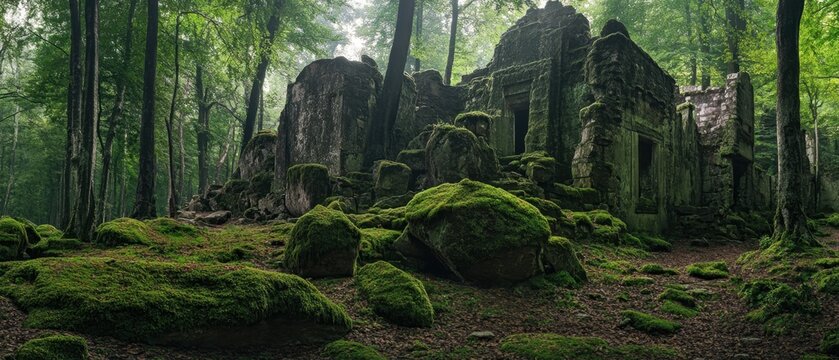 Ancient limestone ruins partially covered in moss and surrounded by dense forest providing a mystical and historical setting
