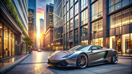 Glossy sports car parked in front of a high-end fashion boutique, surrounded by sleek skyscrapers and bustling city life, epitomizing urban sophistication and wealth.