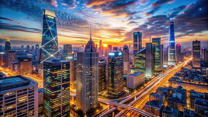 Obraz premium Glowing cityscape at dusk with sleek skyscrapers, bustling streets, and vibrant neon lights, symbolizing power, finance, and global business networks.