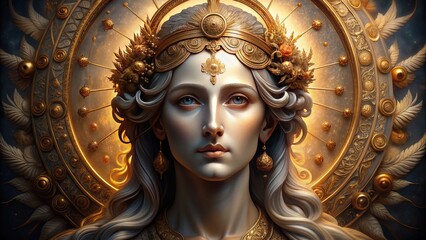 Fototapeta premium Glowing golden halos surround serene sacred figure with gentle eyes and benevolent expression, surrounded by ornate details and subtle divine light in a classical style.