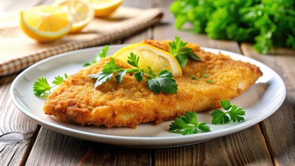 Golden crispy fried fish fillet served on a white plate with lemon wedges and fresh parsley, against a blurred kitchen background.
