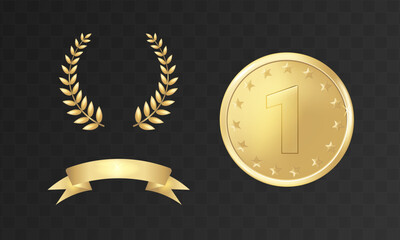 Gold medal with stars, ribbon, laurel wreath for awarding the winners. vector.