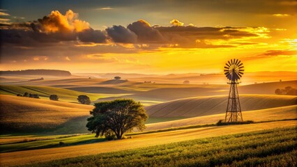 Fototapeta premium Golden hour casts a warm glow on rolling hills and vast fields of farmland, accentuating the dramatic silhouette of a lone windmill in the distance.