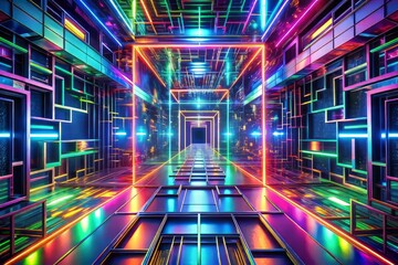 A kaleidoscope of distorted shapes and colors swirls, evoking disorientation in a futuristic world where neon hues blend seamlessly into holographic illusions.