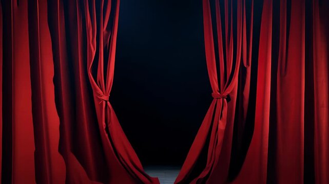 Red theatre curtains slightly parted to reveal a dark background. Concept: anticipation before a performance or event