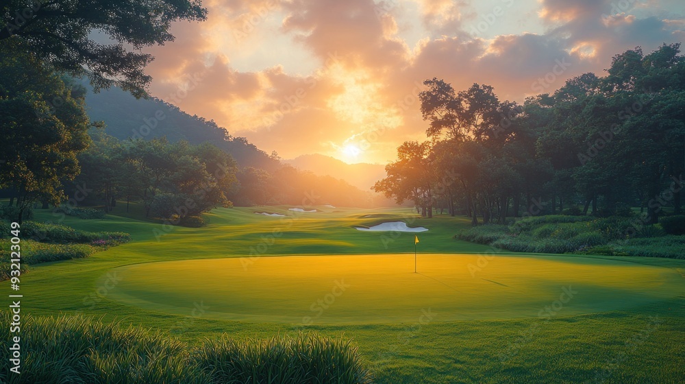 Wall mural sunset over golf course