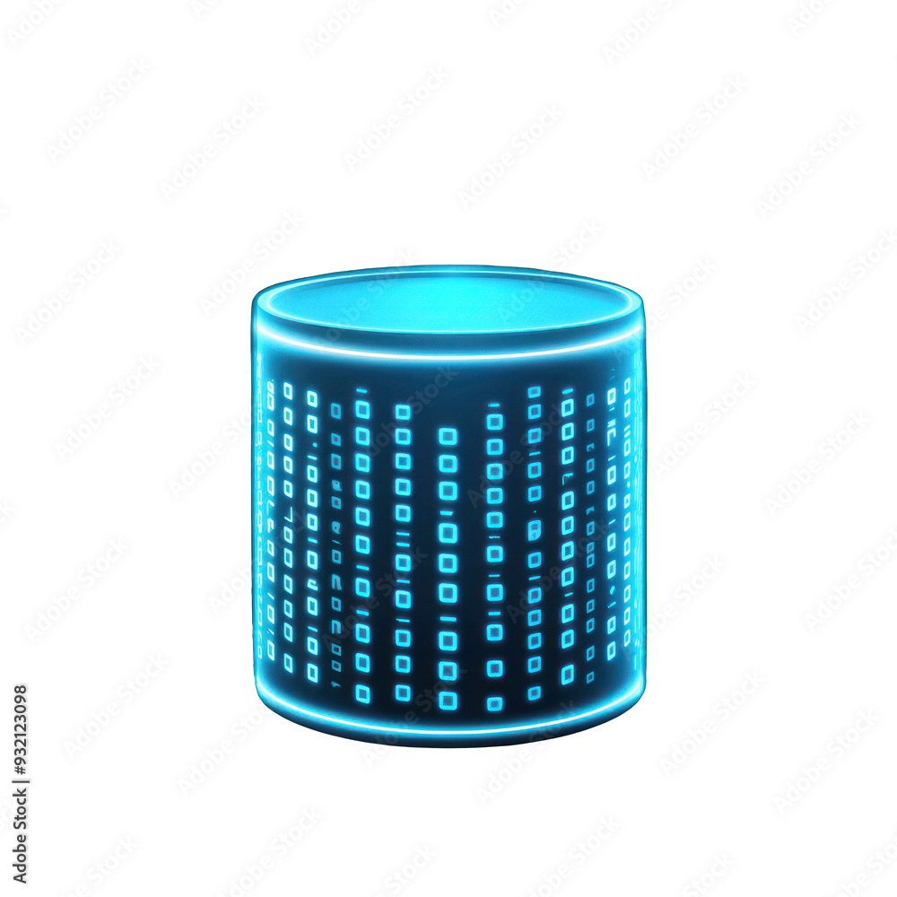 Poster a futuristic blue data cylinder with glowing binary code, representing technology and digital innova
