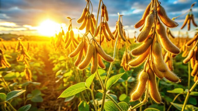 Golden soybean pods ripen on lush green stems in a sun-kissed field, showcasing a bountiful harvest of this versatile and nutritious legume crop.