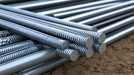 Steel I-beams in vibrant blue finish and rebar are arranged on the ground, showcasing materials for upcoming construction work at a busy site