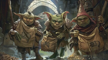 Three goblins stealthily gather treasure in an ancient vault as shadows deepen around them