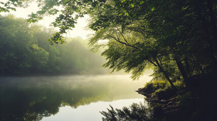 Misty Morning at a Tranquil Forest Lake
