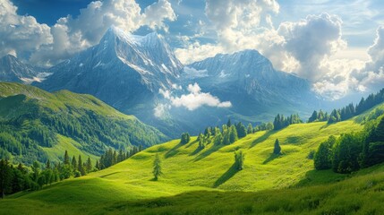 Mountain Landscape with Lush Green Hills