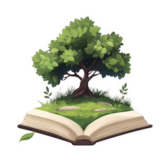 A magical illustration of a tree growing from an open book, symbolizing knowledge and nature's beauty harmoniously intertwined. transparent background