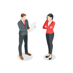isometric vector business woman and man reading document, in color on white background, work setting or relationship