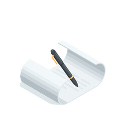 isometric vector document icon and pen, in color on a white background, paper document and signature pen