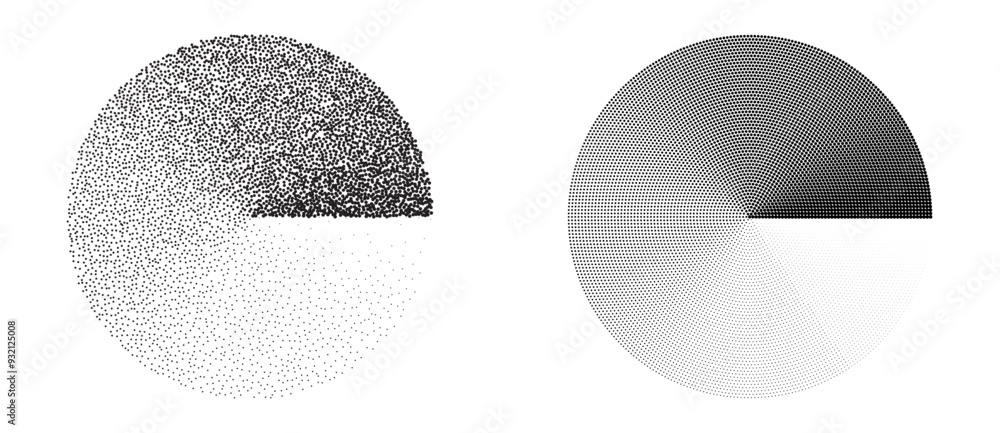 Poster set with two dotted circles. random and order style. halftone and stipple dots background.